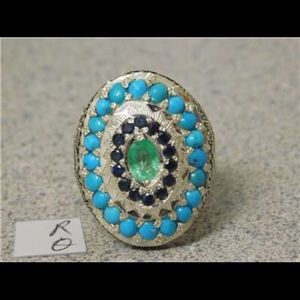 CUSTOM HANDMADE RING, TURQUOISE/EMERALD/SAPPHIRE